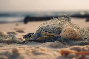 Tortuga atrapado en el plastico basura acostado en el playa. el concepto de un ecológico desastre causado por el plastico basura. ai generado foto