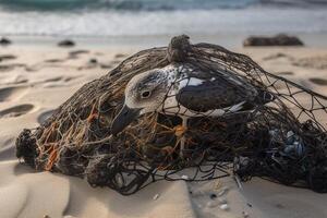 Bird, seagull trapped in plastic garbage lying on the beach. The concept of an ecological disaster caused by plastic garbage. photo