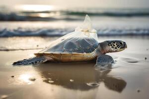 un Tortuga atrapado en un el plastico bolso acostado en el playa. el concepto de un ecológico desastre causado por el plastico basura. ai generado foto