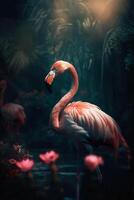 A beautiful exotic bird, a long-necked pink flamingo standing proudly in the water against a dark background with a leaf pattern. photo