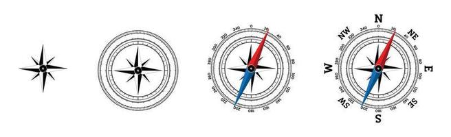Compass red-blue-black icon set. Cardinal compass symbol  North, South, East, West. Isolated realistic design vector illustration on white background.