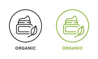 Organic Product Line Green and Black Icon Set. Cosmetic Cream Made of Natural Ingredients Outline Pictogram. Bio Eco Product. Good Quality Symbol. Organic Product Seal. Isolated Vector Illustration.
