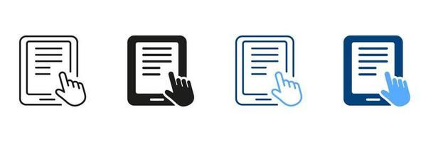 Ebook With Mouse Pointer Silhouette and Line Icon Set. Electronic Book Device for Education and Learning. E-Book Reader, E-reader Color Sign Collection. PC Tablet. Isolated Vector Illustration.