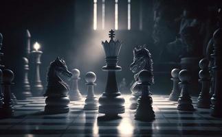 conjunto de ajedrez piezas elemento declarando en tablero de ajedrez. liderazgo, trabajo en equipo, camaradería, negocio estrategia concepto.