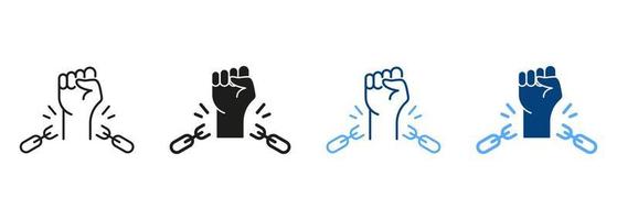 Freedom and Human Rights Silhouette and Line Icon Set. Broken Shackles with Fist Raised Up Sign. Chain of Slavery Damaged Symbol. National Freedom Day Juneteenth. Isolated Vector Illustration.