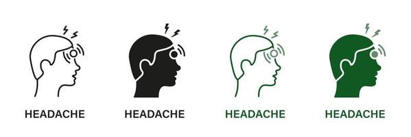 cabeza enfermedad, fatiga símbolo recopilación. dolor de cabeza línea y silueta icono colocar. migraña, salud problemas, dolor, estrés, cansado y agotamiento síntomas de virus enfermedad, gripe, frío. vector ilustración.