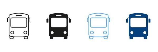 un autobús línea y silueta en color íconos colocar. pictograma para el colegio autobús. contorno y sólido símbolo colección para detener estación de ciudad público vehículo transporte. aislado vector ilustración.