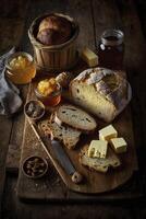 Assortment of bread, cheese, butter and honey for breakfast, on rustic table. photo