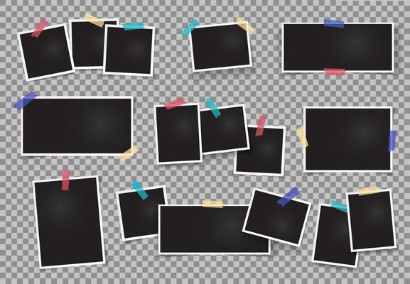 Photo Album With Black Pages And Empty Photo Frames With Sticky Tape Open  Square Scrapbooking Album Set Of Square And Horizontal Photo Cards With  Corners Vector Realistic Mockup Eps10 Stock Illustration 