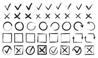 Hand drawn checkmarks. Black doodle v marks, checklist boxes. Grunge tick and cross signs, brush stroke voting checkmark vector set