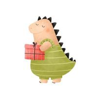 dino, cute dinosaur illustration. Funny cartton dinos on birthday, party with gifts, balloons on white background vector