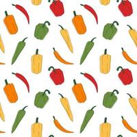 Multi-colored different peppers pattern line art. Fresh vegetables in cartoon style. Seamless pattern isolated on white background. Hand drawn doodle vector illustration.