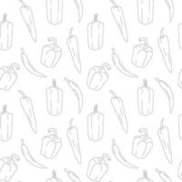 Different peppers pattern line art. Fresh vegetables in cartoon style. Seamless pattern isolated on white background. Hand drawn doodle vector illustration.