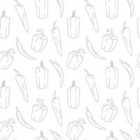 Different peppers pattern line art. Fresh vegetables in cartoon style. Seamless pattern isolated on white background. Hand drawn doodle vector illustration.