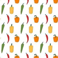 Multi-colored different peppers pattern line art. Fresh vegetables in cartoon style. Seamless pattern isolated on white background. Hand drawn doodle vector illustration.
