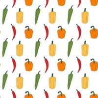 Multi-colored different peppers pattern line art. Fresh vegetables in cartoon style. Seamless pattern isolated on white background. Hand drawn doodle vector illustration.