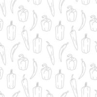 Different peppers pattern line art. Fresh vegetables in cartoon style. Seamless pattern isolated on white background. Hand drawn doodle vector illustration.
