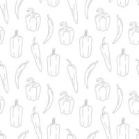 Different peppers pattern line art. Fresh vegetables in cartoon style. Seamless pattern isolated on white background. Hand drawn doodle vector illustration.