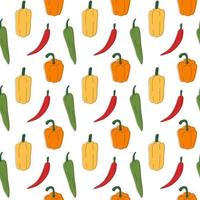 Multi-colored different peppers pattern line art. Fresh vegetables in cartoon style. Seamless pattern isolated on white background. Hand drawn doodle vector illustration.