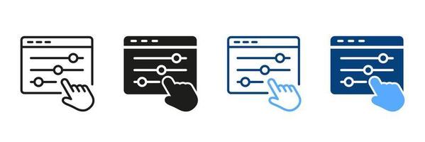 Control Panel and Pointer Sign. Multimedia Adjusting Symbol Collection. Control Panel Line and Silhouette Icon Set. Adjustment Button with Hand Pictogram. Isolated Vector Illustration.