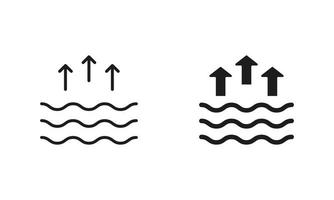 High Tide Silhouette and Line Icon Set. Waves on the Sea or Ocean Black Symbol Collection. Isolated Vector Illustration.