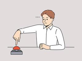 Frustrated man sit at desk push red button. Confused serious male press alert button. Warning or rocket launch. Vector illustration.