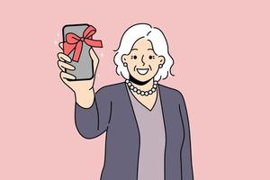 sonriente antiguo mujer espectáculo teléfono inteligente con arco como presente. contento maduro abuela emocionado con nuevo Teléfono móvil regalo. mayor y tecnología. vector ilustración.