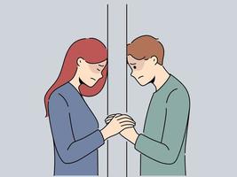 Unhappy couple separated by wall suffer from breakup or separation. Upset distressed man and woman struggle with relationships split. Vector illustration.