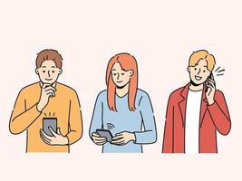 Diverse people use gadgets communicate online. Group of multiracial men and women message or talk on cellphones. Communication and technology. Vector illustration.