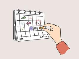 Person hand attach pin on calendar hanging on wall. Businessperson make plans on month schedule. Time management concept. Vector illustration.