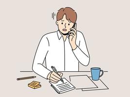 Unhappy man sit at desk talk on phone taking notes. Upset guy feel stressed with news on cellphone handwrite in notebook. Vector illustration.