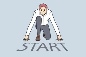 Motivated businessman get ready at start mark on road. Confident male employee prepare for business startup launch or project. Vector illustration.
