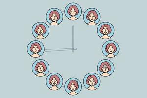 Set of woman with different emotions on huge clock. Collection of emotion and facial expression change during day. Vector illustration.