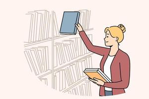 Smiling female librarian work in university or school library. Happy woman put book on shelf in bookstore. Literature and education. Vector illustration.