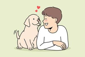 sonriente pequeño chico niño acostado con linda cachorro. contento niño jugando con perro disfrutar ocio hora con mascota amigo. vector ilustración.