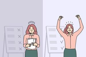 Comparison of woman with unfinished and finished work tasks. Failed and successful female employee with plans and list on board. Vector illustration.