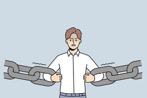 Confident decisive businessman break chain get free from credit or bank loan. Angry male employee holding chain receive freedom from financial slavery. Vector illustration.