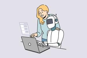 Female employee and robotic assistant work together on computer. Robot tester search program bugs and mistakes in software on laptop. QA concept. Vector illustration.