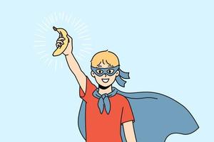 sonriente chico niño en superhéroe disfraz sostener Fresco plátano en mano. contento niño comiendo súper comida disfrutar frutas para sano vida. vector ilustración.