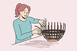 Smiling woman weaving basket from wicker at home. Happy girl engaged in creative design process with furniture or decor making. Vector illustration.