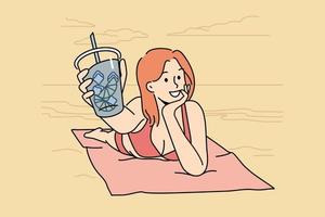 Smiling woman in bikini lying on beach with cold drink. Happy girl in swimwear relax on seashore enjoying summertime vacation. Vector illustration.