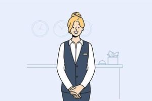 Smiling female receptionist in uniform posing at counter in hotel. Happy woman administrator working at reception. Vector illustration.