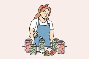 Woman in apron canning vegetables in bottles in kitchen. Housewife conserve veggies at home. Household and nutrition. Vector illustration.