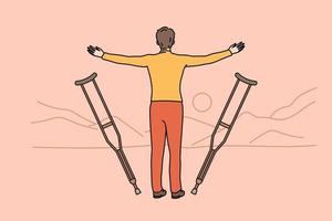 Disabled man let go of crutches face sunset enjoy recovery. Back view of recovered handicapped male enjoy dusk in nature. Hope and miracle concept. Vector illustration.