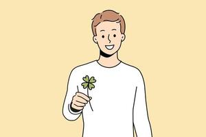 Smiling man holding clover with four leaves feeling lucky. Happy guy with trefoil in hands excited with good luck or fate. Superstition. Vector illustration.