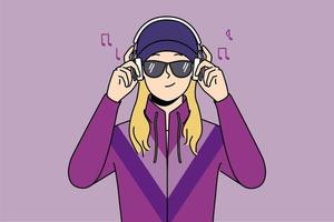 contento mujer en 90s deporte chaqueta escucha a música en auriculares. sonriente niña en retro ropa disfrutar sonido en auriculares. vector ilustración.