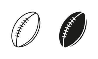 rugby pelota negro silueta y línea icono colocar. pelota para jugar Deportes juego, americano fútbol americano sólido y contorno símbolo colección en blanco antecedentes. aislado vector ilustración.