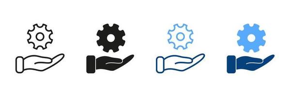 Technology Support, Cog Wheel Black and Color Pictogram. Hand Holds Gear Line and Silhouette Icon Set. Technical Maintenance Symbol Collection on White Background. Isolated Vector Illustration.