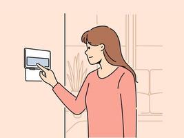 sonriente mujer utilizando inteligente hogar sistema en Departamento pared. hembra inquilino giro en alarma o seguridad en panel en casa. interior tecnología. vector ilustración.