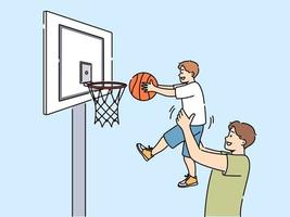 sonriente amoroso padre jugar baloncesto con hijo. contento papá sostener chico niño en manos ayuda lanzar pelota en cesta. familia juego ocio actividad. vector ilustración.